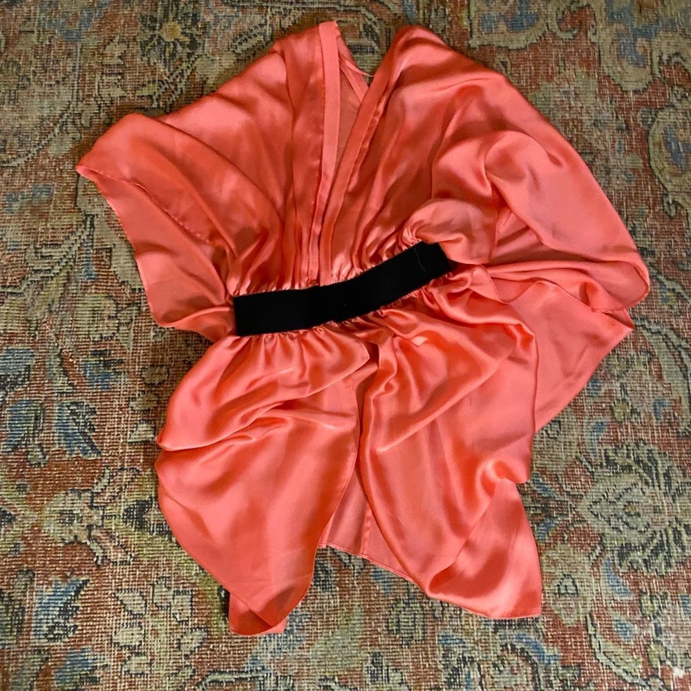 Bebe peach satin, belted kimono shirt.
